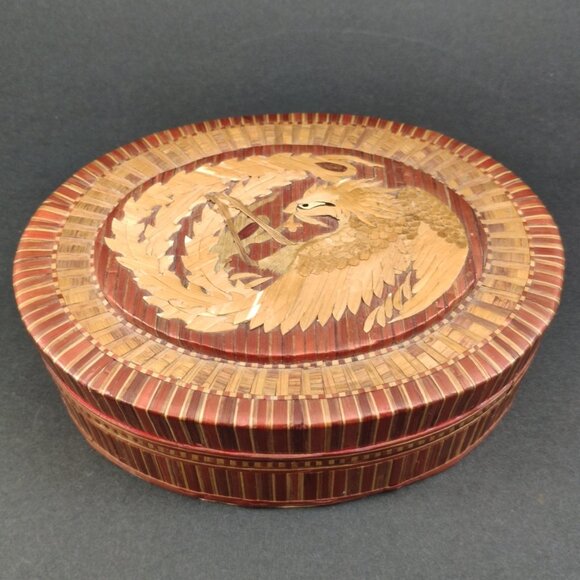 Marquetry Phoenix Dragon Oval Trinket Jewelry Box Bamboo Veneer Overlay 6.25 - Picture 3 of 9